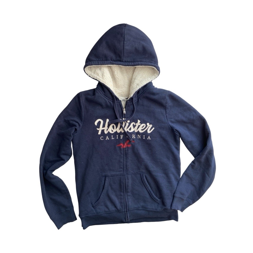 Y2K Hollister Sherpa Lined Zip‎ Up Hoodie Womens Size S Blue Logo Preppy 2000s - Picture 10 of 12